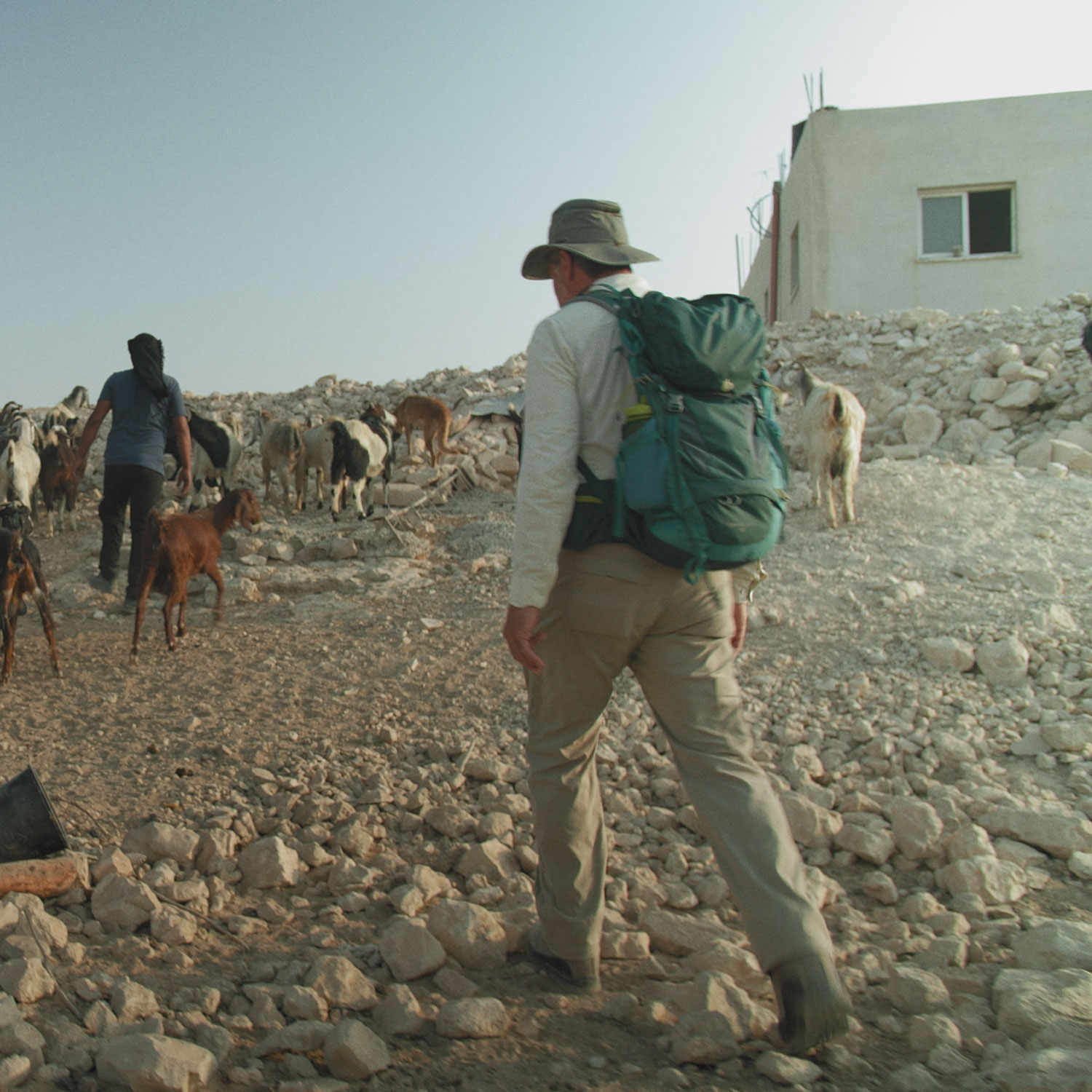People herding goats on rocky terrain near building.