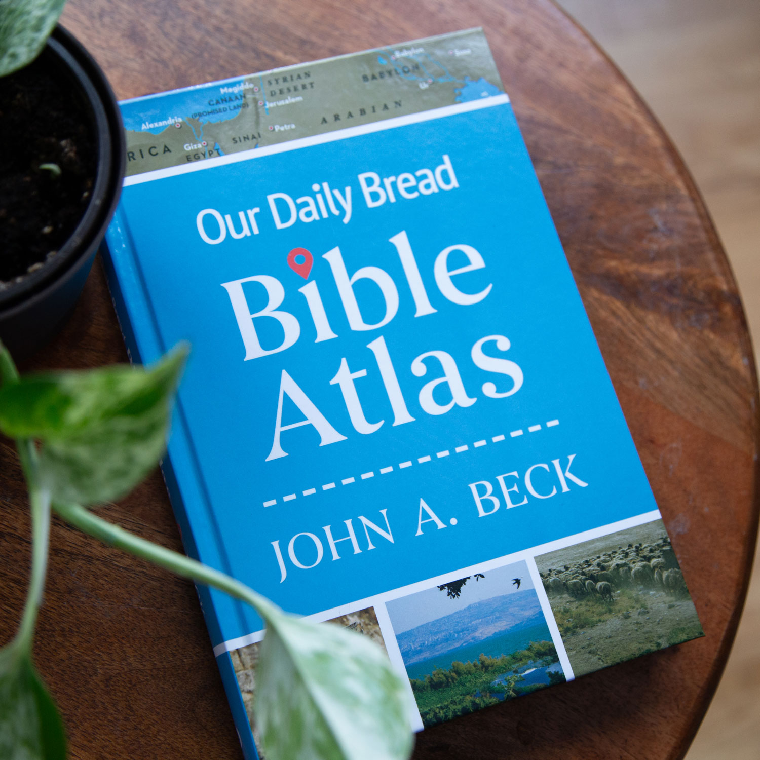 Bible Atlas book on wooden table with plant.