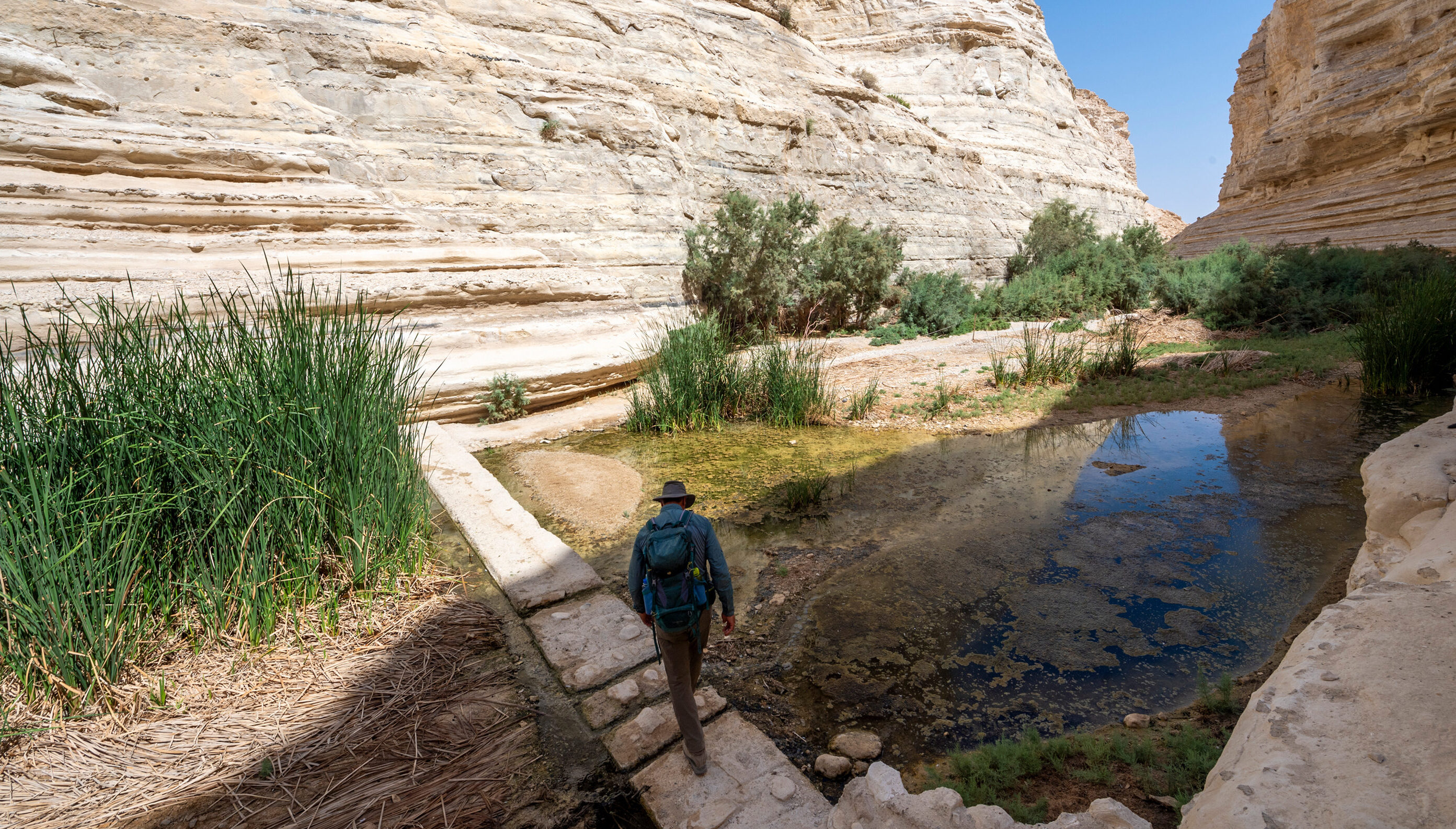 Hiker exploring desert canyon with water pool